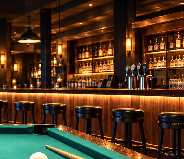 Bar with draught taps, back-lit bottles and leather stools