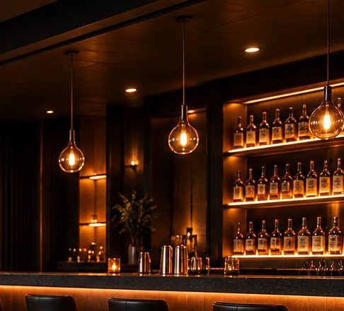 Back bar shelves lit in warm amber with pendant lights