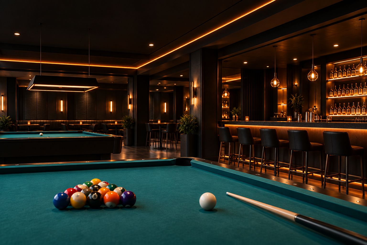 Moody pool hall interior with teal tables, a warm orange-lit bar and black leather stools