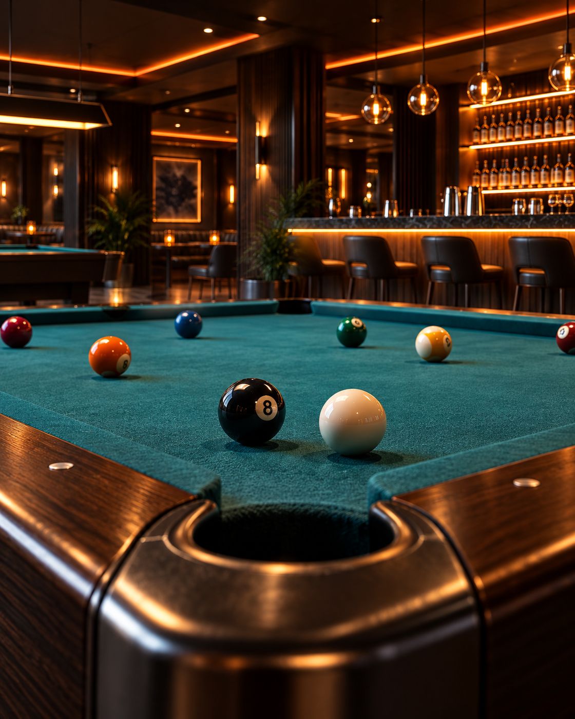Close-up of a pool table corner pocket with the 8-ball and cue ball